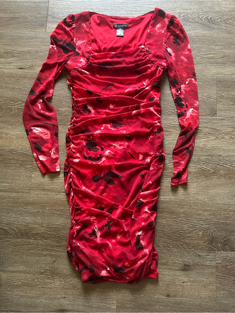 INC International Concepts Mesh Red Floral Ruched Long-Sleeve Bodycon Y2K Dress
